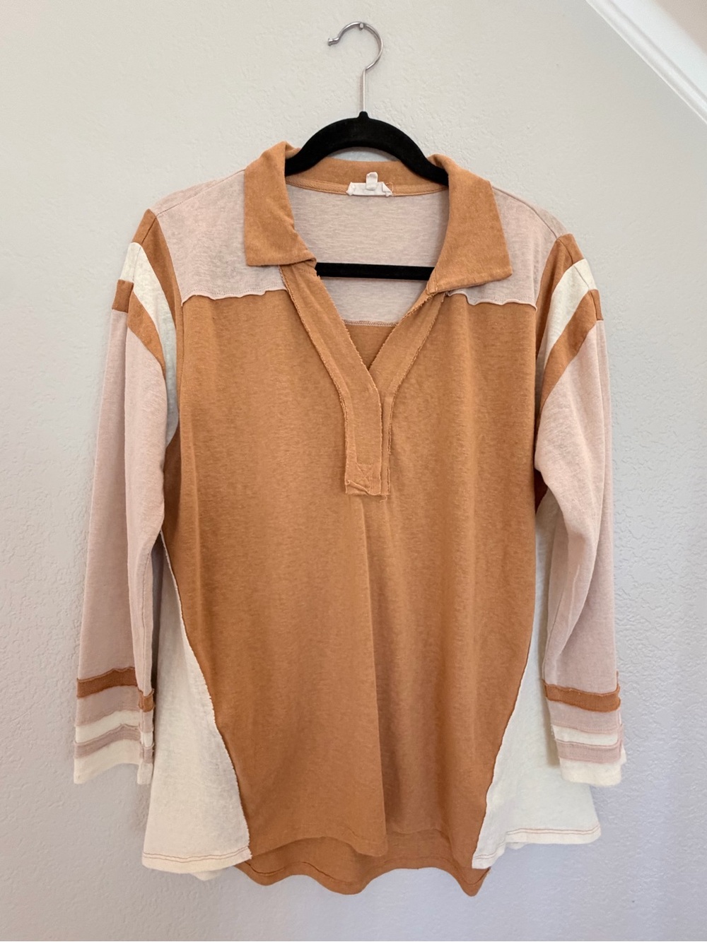 Easel Los Angeles Camel Cream Color Block Polo Collar Top Size S